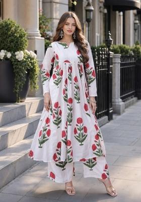 White Printed Cotton Kurta Set