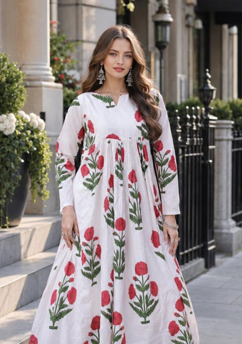 White Printed Cotton Kurta Set - Indya