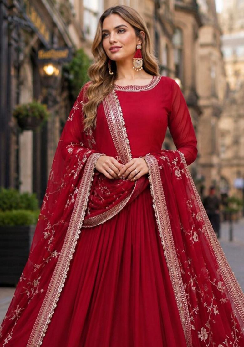 Maroon Embroidery Georgette Anarkali With Dupatta - Indya