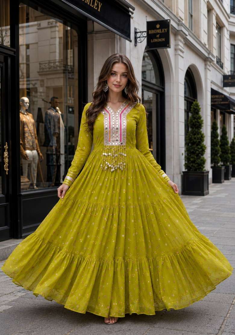 Mehendi Lehariya Georgette Anarkali - Indya
