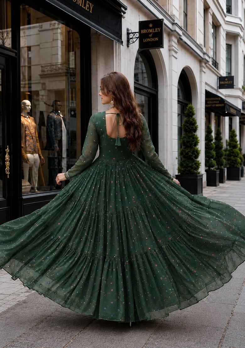 Dark Green Lehariya Georgette Anarkali - Indya