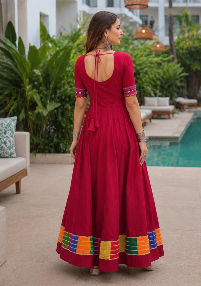 Red Embroidery Silk Anarkali - Indya