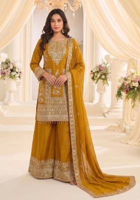 Yellow Embroidery Chinon Kurta Set