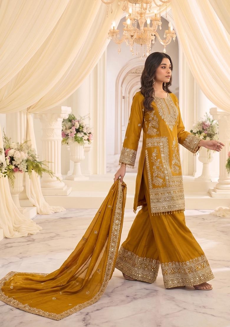 Yellow Embroidery Chinon Kurta Set - Indya