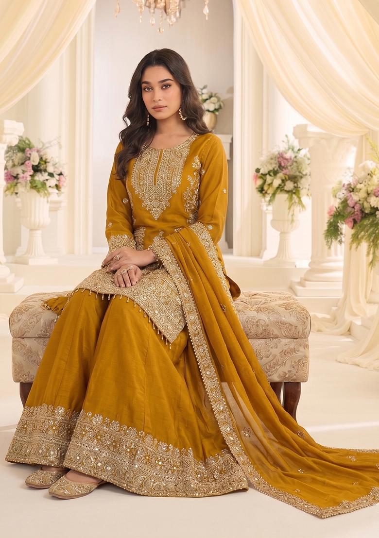 Yellow Embroidery Chinon Kurta Set - Indya