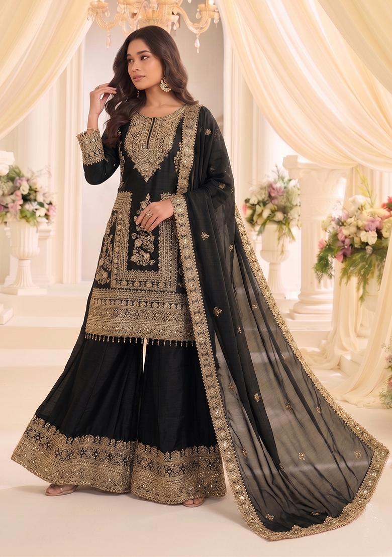 Black Embroidery Chinon Kurta Set - Indya