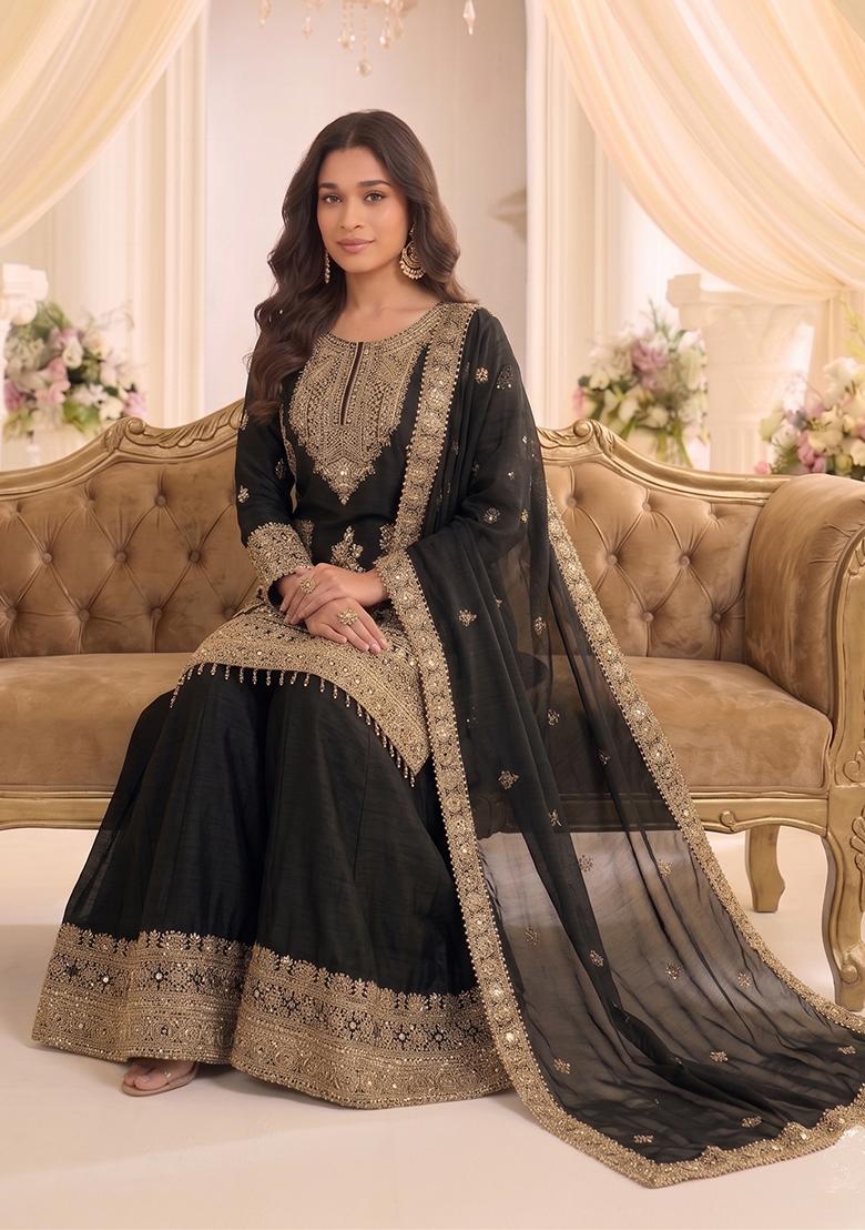 Black Embroidery Chinon Kurta Set - Indya