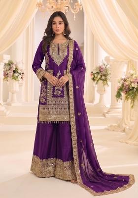 Purple Embroidery Chinon Kurta Set