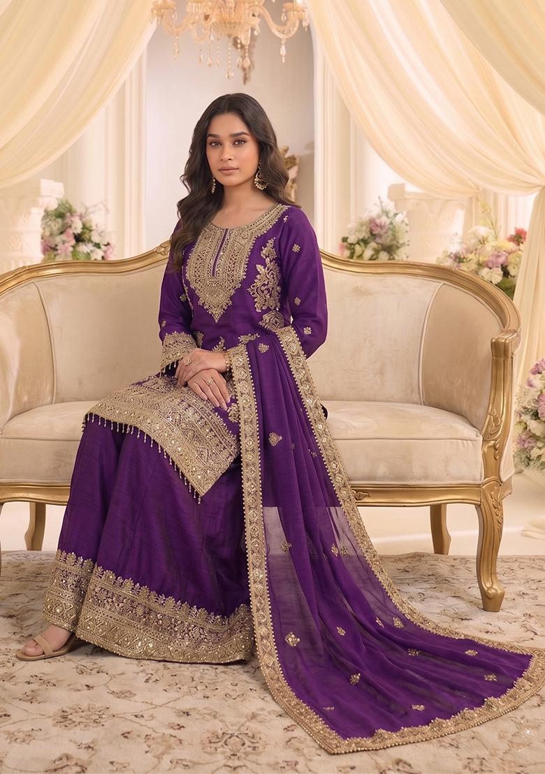 Purple Embroidery Chinon Kurta Set - Indya