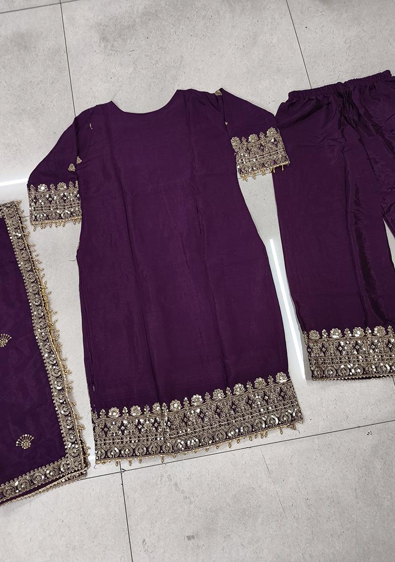 Purple Embroidery Chinon Kurta Set - Indya