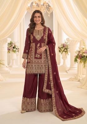 Red Embroidery Chinon Kurta Set