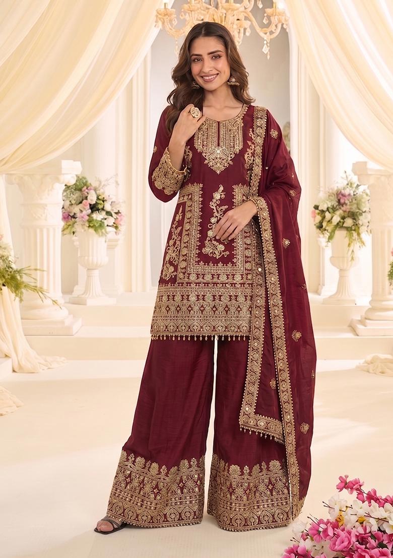 Red Embroidery Chinon Kurta Set - Indya