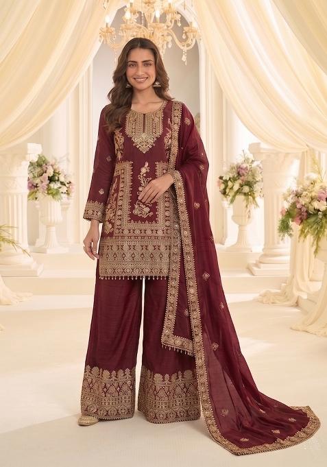Red Embroidery Chinon Kurta Set