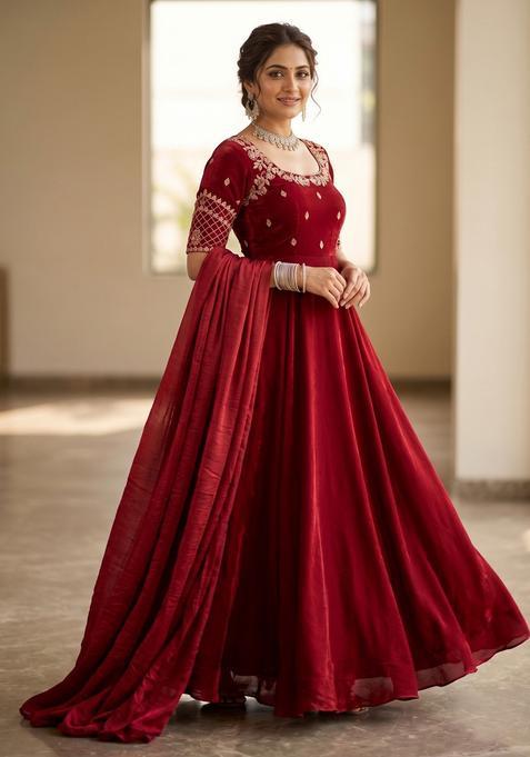 Maroon Embroidered Silk Gown With Dupatta