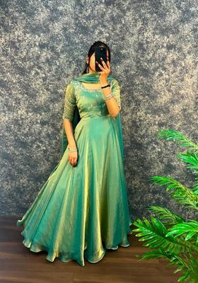 Parrot Green Embroidered Silk Gown With Dupatta