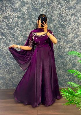 Wine Embroidered Silk Gown With Dupatta