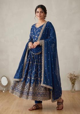 Blue Embroidered Silk Kurta Set