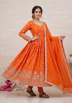 Orange Embroidered Silk Kurta Set