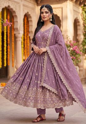 Purple Embroidered Silk Kurta Set