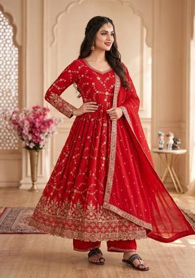 Red Embroidered Silk Kurta Set