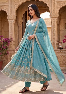 Sky Blue Embroidered Silk Kurta Set