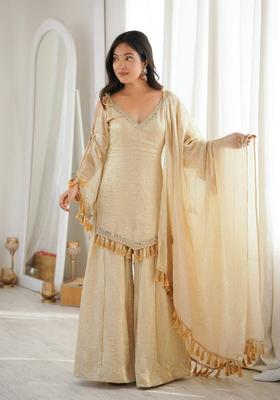 Cream Lace Work Silk Kurta Set
