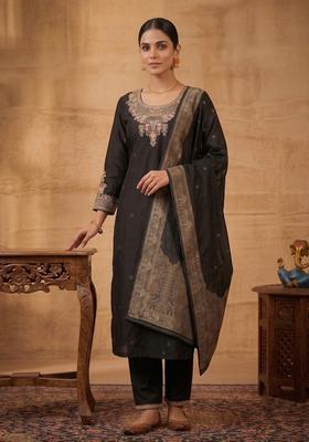 Black Embroidered Silk Kurta Set
