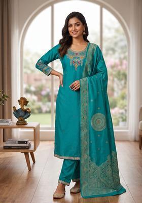 Teal Embroidered Silk Kurta Set
