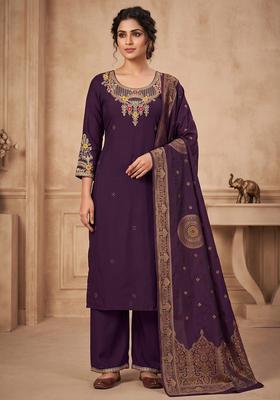 Wine Embroidered Silk Kurta Set