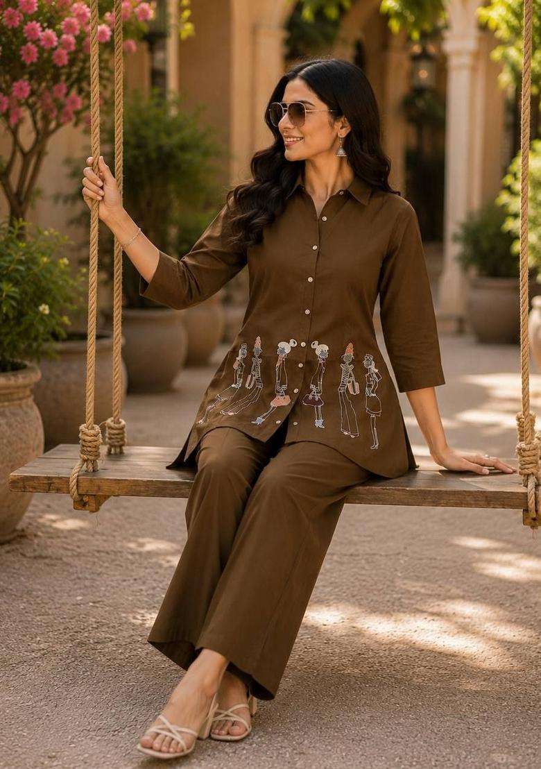 Brown Embroidered Cotton Palazzo Set - Indya