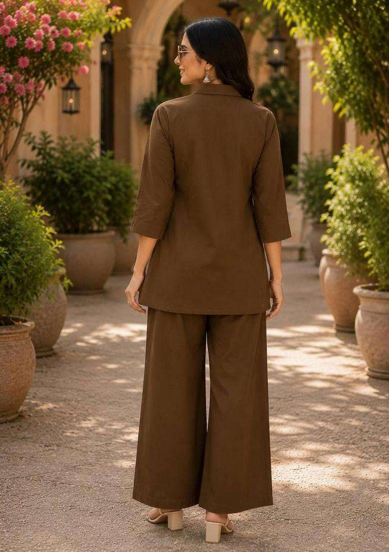 Brown Embroidered Cotton Palazzo Set - Indya