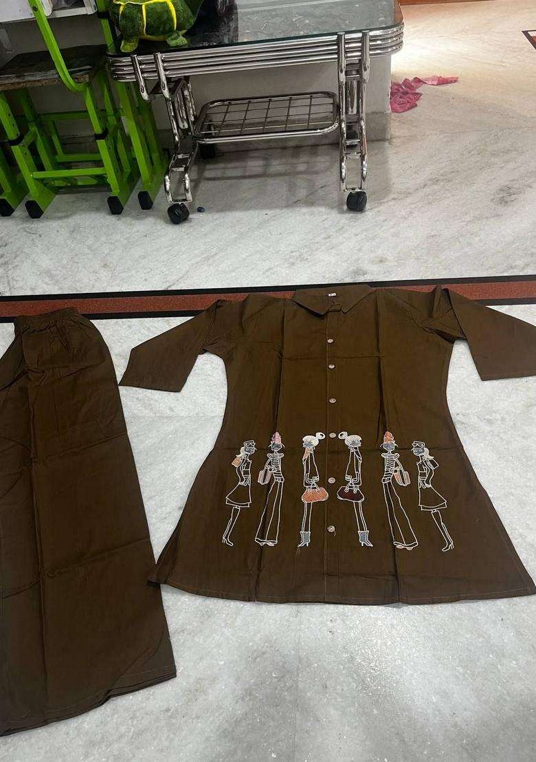 Brown Embroidered Cotton Palazzo Set - Indya