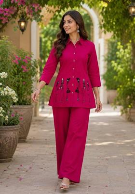 Rani Pink Embroidered Cotton Palazzo Set