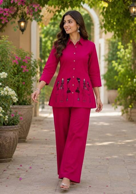 Rani Pink Embroidered Cotton Palazzo Set