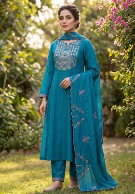 Blue Embroidered Cotton Kurta Set
