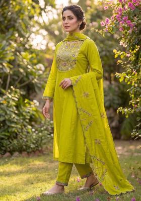 Parrot Green Embroidered Cotton Kurta Set