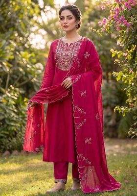 Rani Pink Embroidered Cotton Kurta Set