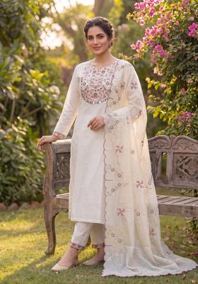 White Embroidered Cotton Kurta Set