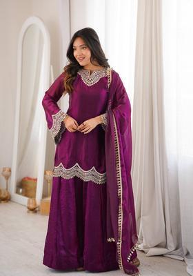 Wine Embroidered Cotton Kurta Set
