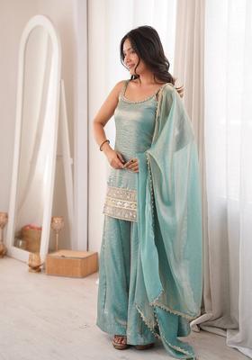 Teal Green Embroidered Cotton Kurta Set
