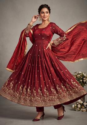 Red Embroidered Silk Kurta Set