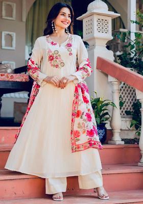 Cream Embroidered Silk Kurta Set