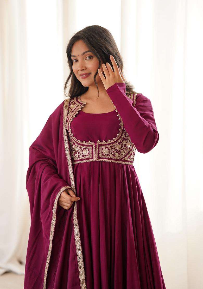 Wine Embroidered Silk Anarkali Set - Indya