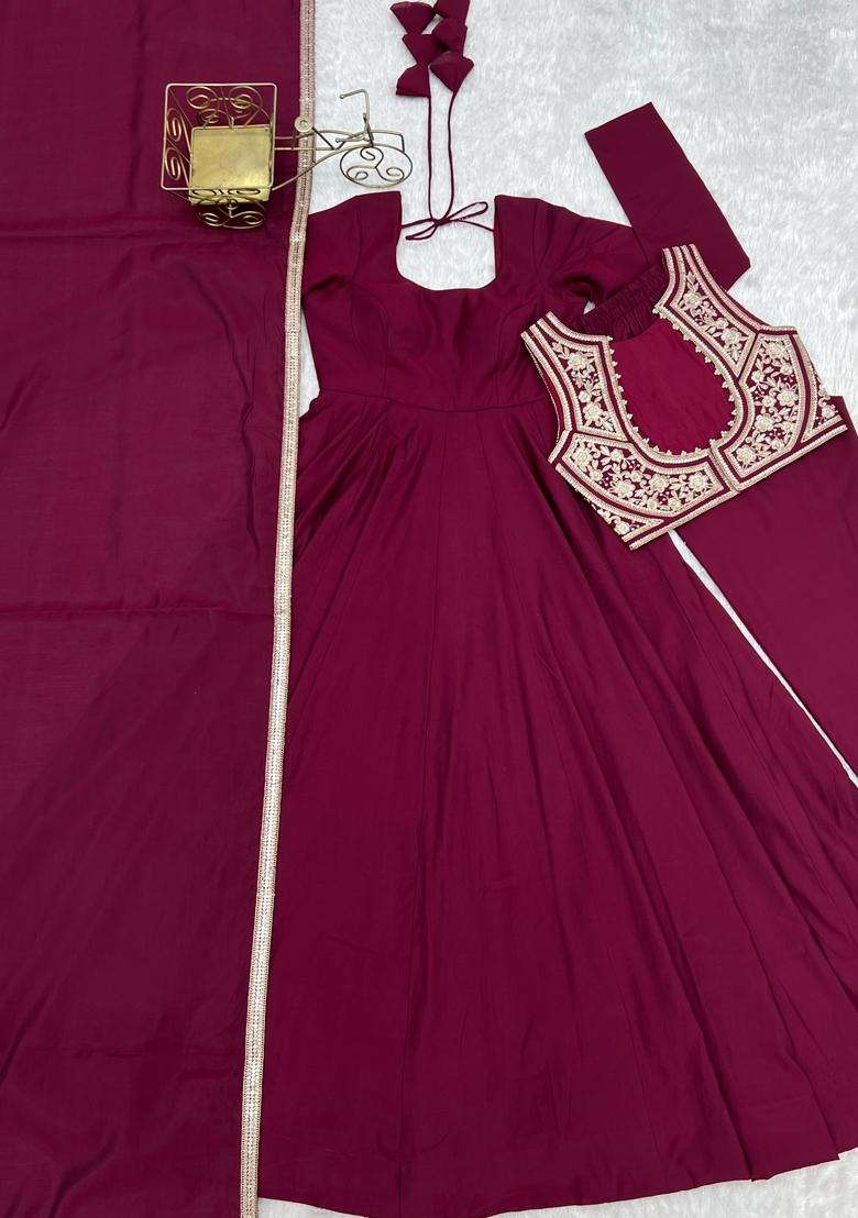 Wine Embroidered Silk Anarkali Set - Indya