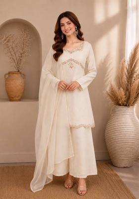 Cream Embroidered Silk Palazzo Set