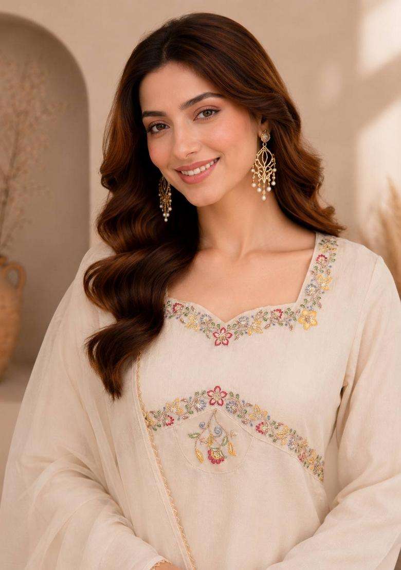 Cream Embroidered Silk Palazzo Set - Indya