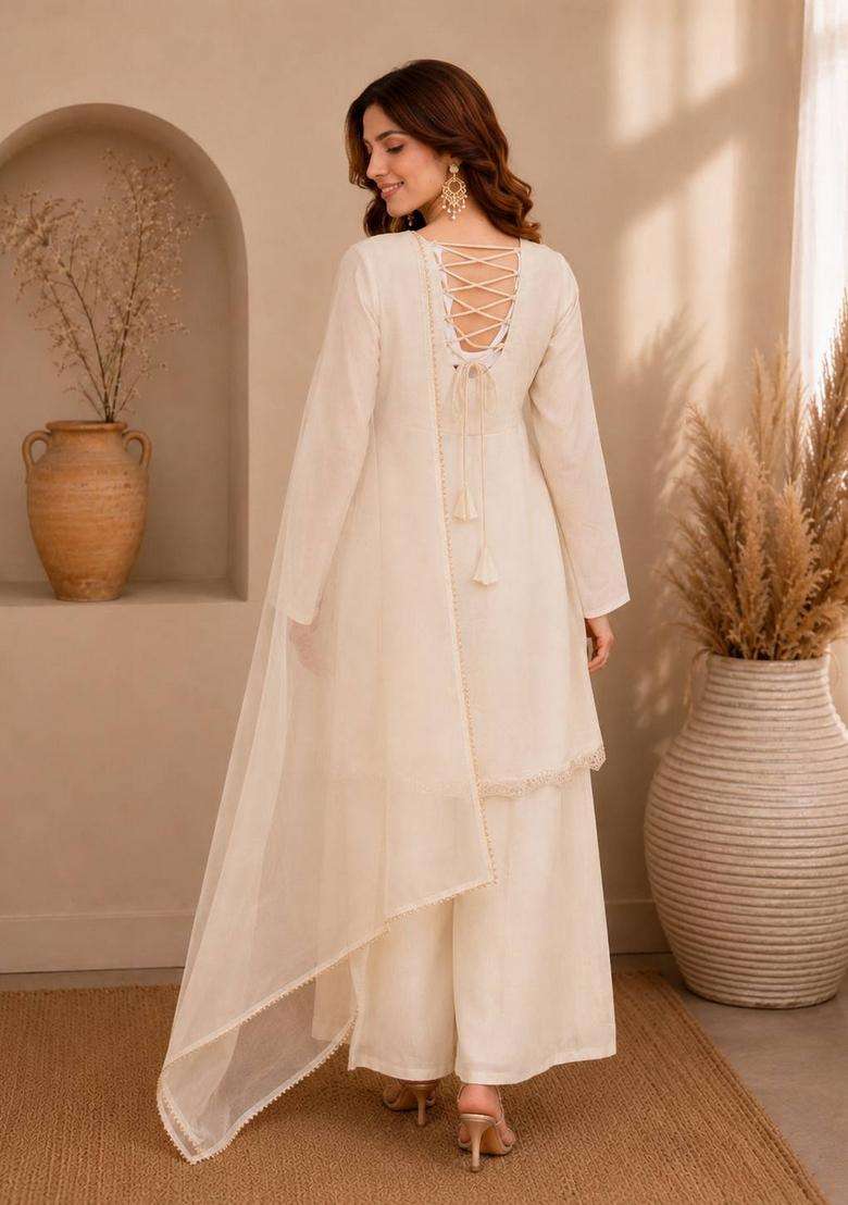 Cream Embroidered Silk Palazzo Set - Indya