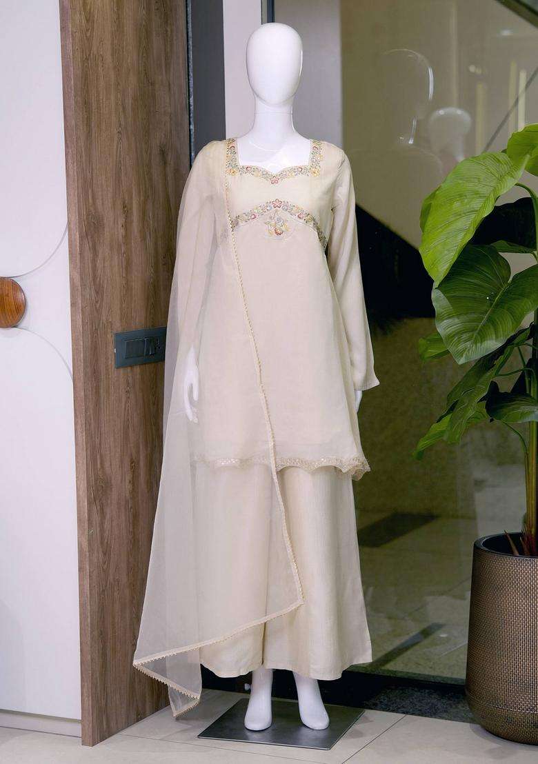 Cream Embroidered Silk Palazzo Set - Indya