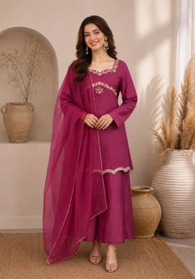 Wine Embroidered Silk Palazzo Set