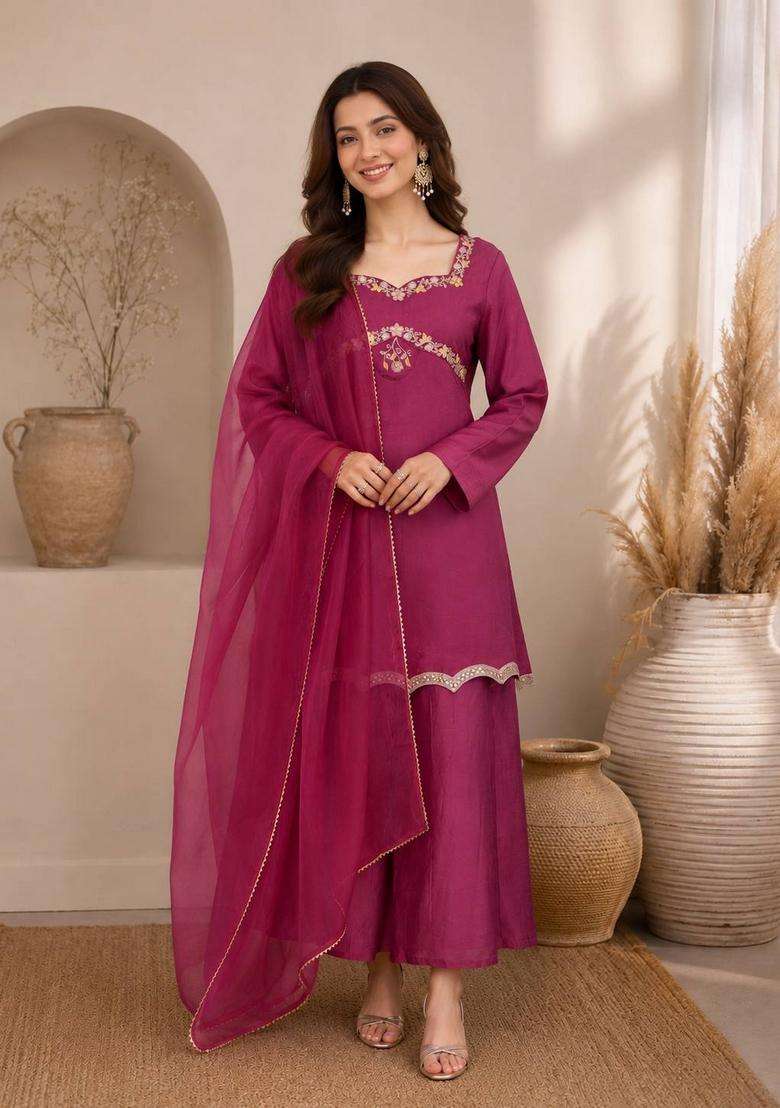 Wine Embroidered Silk Palazzo Set - Indya